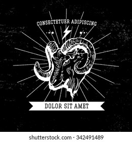 Vintage hand draw ram label. Vector element, badge, emblem, logo, insignia, sign, identity, logotype, poster.  Stroke hipster illustration with typographic for t-shirt prints. Ram farmer, hunting