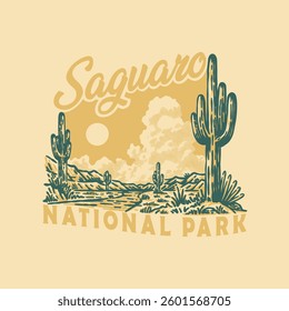 Vintage hand draw Saguaro National park for badge and merchandise design