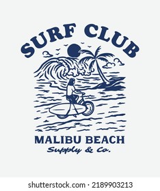 Vintage Hand Draw Surfing Club Label Illustration