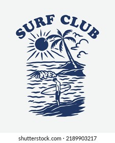 Vintage Hand Draw Surfing Club Label Illustration