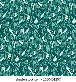 Vintage hand drawing apple tree leaf seamless pattern. Vector foliage on blue background. Graphic grunge ink drawn illustration.