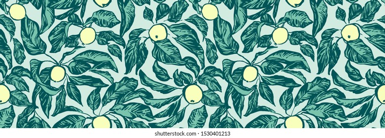 Vintage hand drawing apple tree branches seamless pattern. Vector fruit and leaf on blue background. Graphic grunge endless ink drawn illustration.