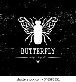 Vintage hand drawing butterfly silhouette label. Vector element, badge, emblem, logo, insignia, sign, identity, logotype, restaurant, royalty. Hipster illustration for t-shirt prints