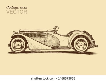 Vintage hand drawing  car. Сlassic convertible 30s. Vector