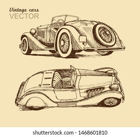 Vintage hand drawing  cars. Beautiful convertibles of the 30s from different angles. Vector