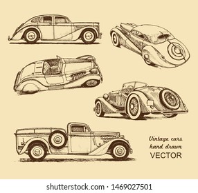 camiones de dibujo a mano vintage. Vector conjunto de camiones americanos viejos 30-50. Sedans, convertibles y un coche de recogida.