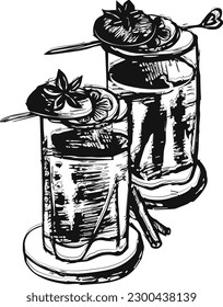 vintage hand drawing of cocktails. Black and white drawing of drinks for design.Refreshing cocktail