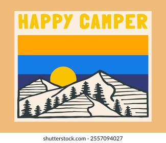 Vintage Hand drawing Happy camper and nature design for badge, sticker, t shirt and outdoor design