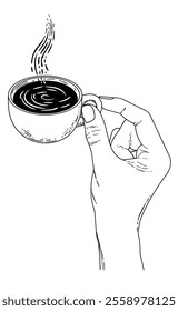 Vintage hand drawing of a hand holding a small cup of espresso coffee or a warm tea.