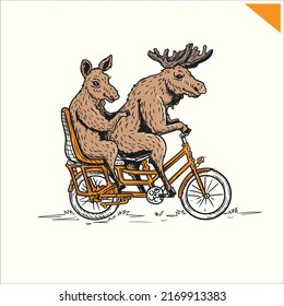 Vintage hand drawing illustration of MOOSE AND IT'S CALF RIDING BICYCLE in vector format