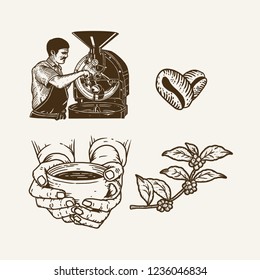 Vintage Hand Drawing Illustration of People Roasting Coffee and Coffee set in Vector