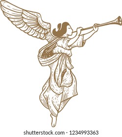 Vintage Hand Drawing Illustration of Trumpeting Christmas Angel in Vector