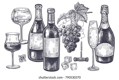 Vintage hand drawing on subject of alcohol. Bottles with wine and champagne, grapes, wine glasses with drink, ice slices and corkscrew. Isolated black image on white background. Vector illustration.