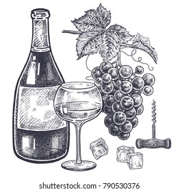 Vintage hand drawing on subject of alcohol. Bottles with white wine, grapes, wine glass with drink, ice slices and corkscrew. Isolated black image on white background. Vector illustration art.