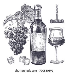 Vintage hand drawing on subject of alcohol. Bottles with red wine, grapes, wine glass with drink, ice slices and corkscrew. Isolated black image on white background. Vector illustration art.