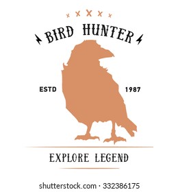 Vintage hand drawing raven or crow label. Vector element, badge, emblem, logo, insignia, sign, identity, logotype, poster. Stroke hipster illustration with typographic for t-shirt prints. Bird hunting