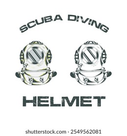 Vintage Hand Drawing Scuba Diving Helmet. Scuba Diving Logo. Design element for emblem, badge. Isolated Black And White Vector Image  