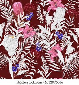 Vintage hand drawing unfinished  flowers and leaves outline in many kind of floral in seamless pattern vector illustration ontrendy maroon color background