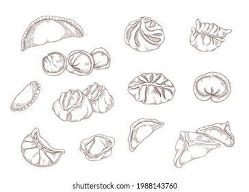 Vintage hand drawings of dumplings of various shapes. Pelmeni, ravioli from dough isolated on white background engraved vector illustrations set. Food, cooking concept