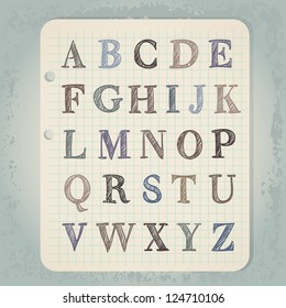vintage hand drawn abc letters on notepad paper