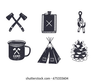 Vintage hand drawn adventure hiking, camping shapes. Retro monochrome design. can be used for t shirts, prints, logotype, badges, icons and other identity. Stock vector illustration.