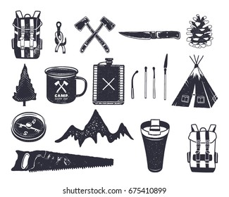 Vintage hand drawn adventure hiking, camping shapes of backpack, saw, mountain, matches, tree, knife, thermo cup and others. Retro monochrome design. Can be used for t shirts, prints. Stock vector.