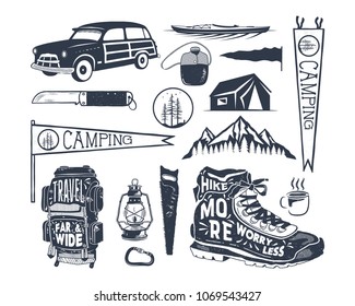 Vintage hand drawn adventure silhouette symbols. Retro monochrome surfing and camping design. For t shirts, prints. Stock vector icons isolated.