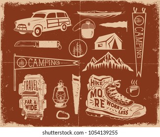 Vintage hand drawn adventure symbols, hiking, camping shapes of backpack, pennant, kayak, surf car, lantern and others. Retro monochrome design. For t shirts, prints. Stock vector silhouette icons.