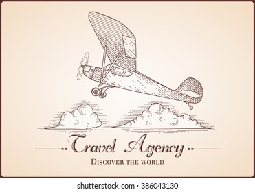 Vintage hand drawn airplane. Vector airplane illustration. Retro plane sketch. Vector typographic poster.