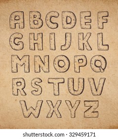 Vintage hand drawn alphabet, full set uppercase letters on realistic old parchment background, decorative scrapbooking elements