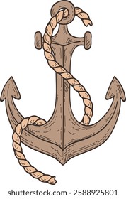 Vintage hand drawn anchor featuring rope intricately wrapped around it, isolated on a white background, perfect for enhancing maritime themed designs and evoking a sense of adventure