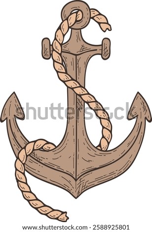 Vintage hand drawn anchor featuring rope intricately wrapped around it, isolated on a white background, perfect for enhancing maritime themed designs and evoking a sense of adventure