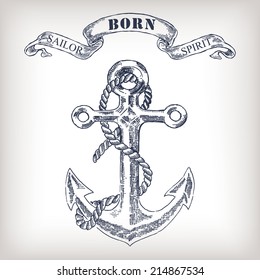 Vintage Hand Drawn Anchor and Ribbon Illustration old style