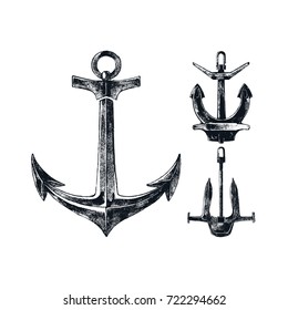 Vintage hand drawn anchors collection. Ink illustration for flayer, poster, logo or t-shirt apparel clothing print. Vector illustration isolated on white background.