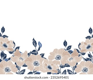 Vintage Hand Drawn Anemone Flower and Leaves Background