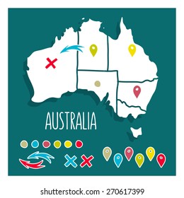 Vintage Hand drawn Australia travel map with pins vector illustration