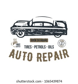 Vintage hand drawn auto repair t shirt design. Classic car poster with typography. Automotive industry tee. Retro style label. Old automobile logo, emblem template. Stock vector patch.