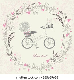 Vintage hand drawn background with bicycle, cat, bouquet and floral frame with heart.