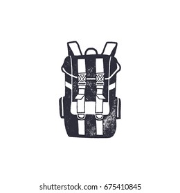 Vintage hand drawn backpack shape in monochrome. Adventure icon, pictogram. Camping hipster style. Stock vector isolated on white background.