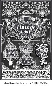 Vintage Hand Drawn Banner Blackboard. Vintage Label Engraved Chalkboard. Hand Drawn. Decoration Frame Vintages Ribbon Labels Calligraphy Element. Banner Hand Draw Engraved Frame Vector Illustration.