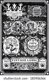 Vintage Hand Drawn Banner Blackboard. Vintage Label Engraved Chalkboard. Hand Drawn. Decoration Frame Vintages Ribbon Labels Calligraphy Element. Banner Hand Draw Engraved Frame Vector Illustration.