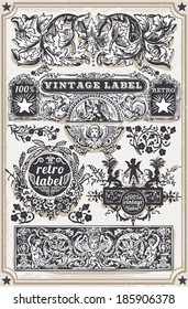 Vintage Hand Drawn Banner Blackboard. Vintage Label Engraved Chalkboard. Hand Drawn. Decoration Frame Vintages Ribbon Labels Calligraphy Element. Banner Hand Draw Engraved Frame Vector Illustration.