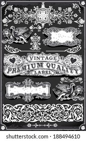 Vintage Hand Drawn Banner Blackboard. Vintage Label Engraved Chalkboard. Hand Drawn. Decoration Frame Vintages Ribbon Labels Calligraphy Element. Banner Hand Draw Engraved Frame Vector Illustration.