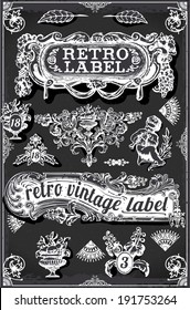 Vintage Hand Drawn Banner Blackboard. Vintage Label Engraved Chalkboard. Hand Drawn. Decoration Frame Vintages Ribbon Labels Calligraphy Element. Banner Hand Draw Engraved Frame Vector Illustration.