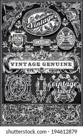 Vintage Hand Drawn Banner Blackboard. Vintage Label Engraved Chalkboard. Hand Drawn. Decoration Frame Vintages Ribbon Labels Calligraphy Element. Banner Hand Draw Engraved Frame Vector Illustration.