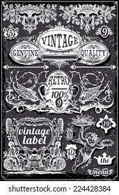 Vintage Hand Drawn Banner Blackboard. Vintage Label Engraved Chalkboard. Hand Drawn. Decoration Frame Vintages Ribbon Labels Calligraphy Element. Banner Hand Draw Engraved Frame Vector Illustration.