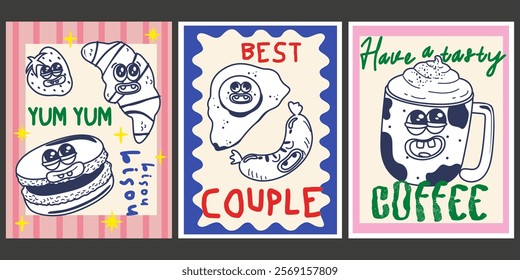 Vintage hand drawn banners of breakfast food and coffee drink. Food posters in retro style for the kitchen and cafe. Art for poster design, wall decor, background, prints. Food cartoon cute characters