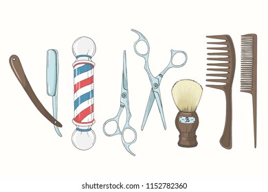 Vintage Hand drawn Barber Shop set in sketch style. Razor, scissors, shaving brush,  comb, classic barber shop Pole. Vector illustration