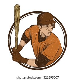 Vintage hand drawn Baseball Player illustration. vector badge. 