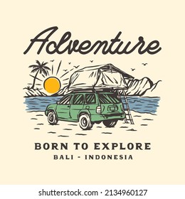 Vintage Hand Drawn Beach Camper Car Adventures Logo Label
